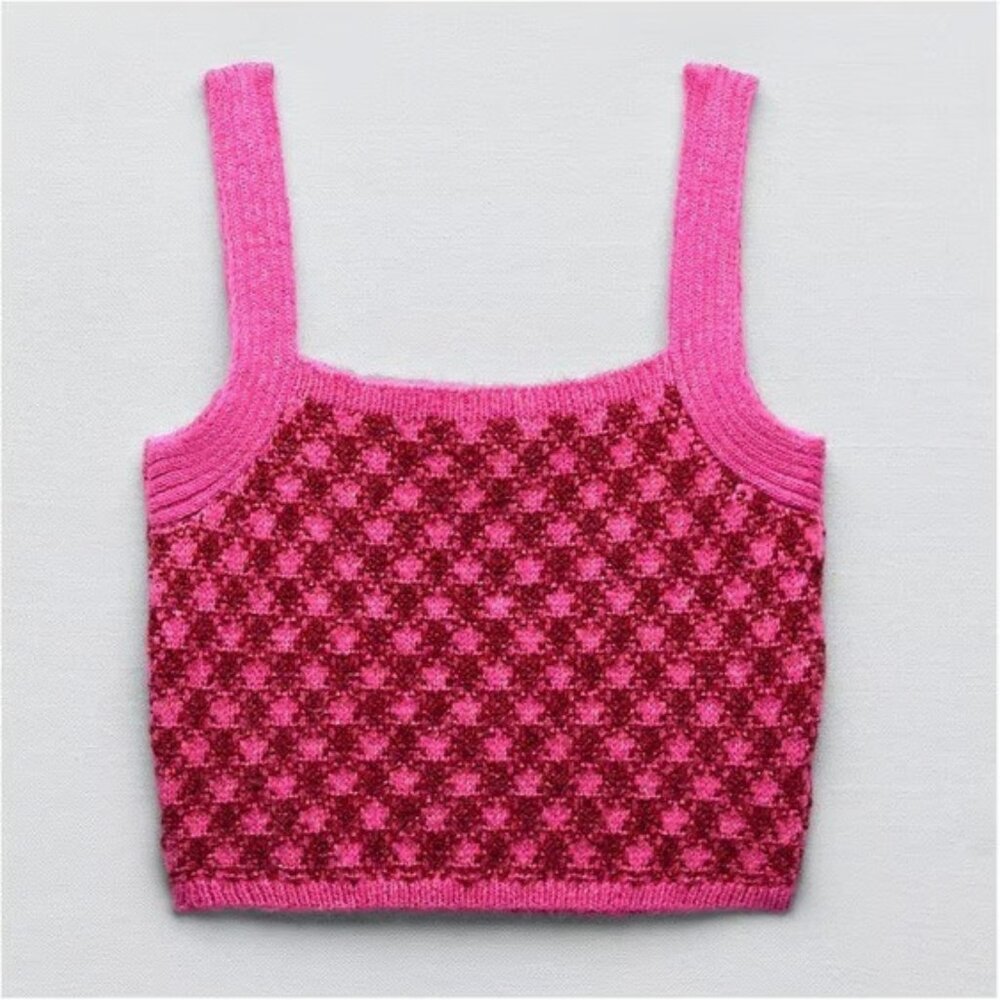 Zara Pink Plaid Crop Sweater Top - Pink - L